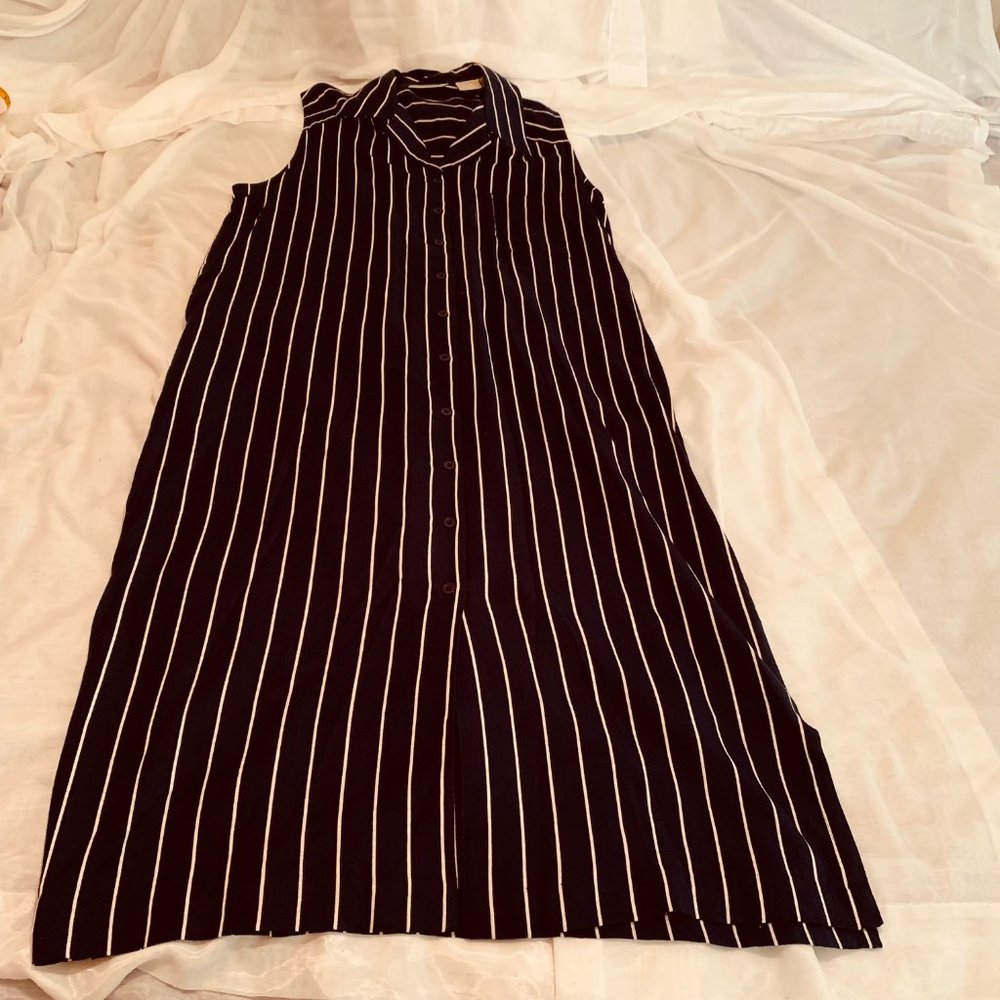 QPS Navy and Ivory Striped Maxi Shirt Dress Size Missy 12